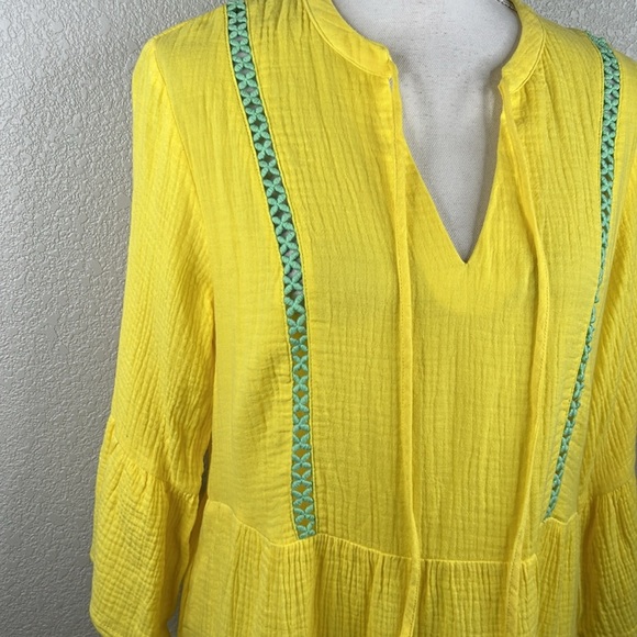 Scoop Yellow & Green Embroidered Slub Cotton Summer Vacation Boho Dress Small - Picture 2 of 7